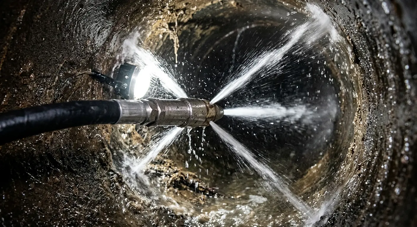 High-pressure hydro jetting nozzle cleaning sewer pipe for Emergency Drain Service in Gas City