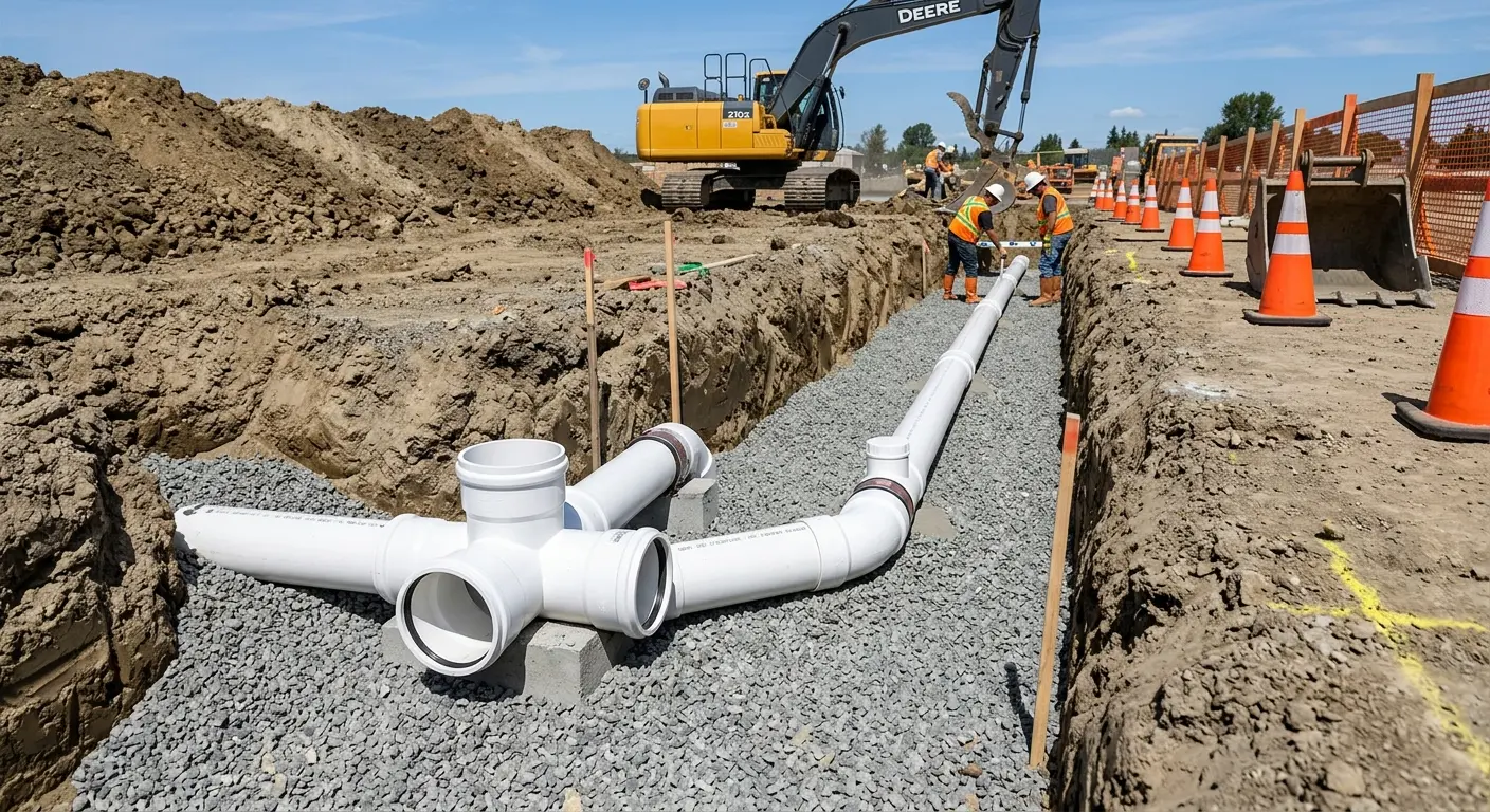 New PVC sewer pipe installation in open trench for Commercial Drain Cleaning in Gas City