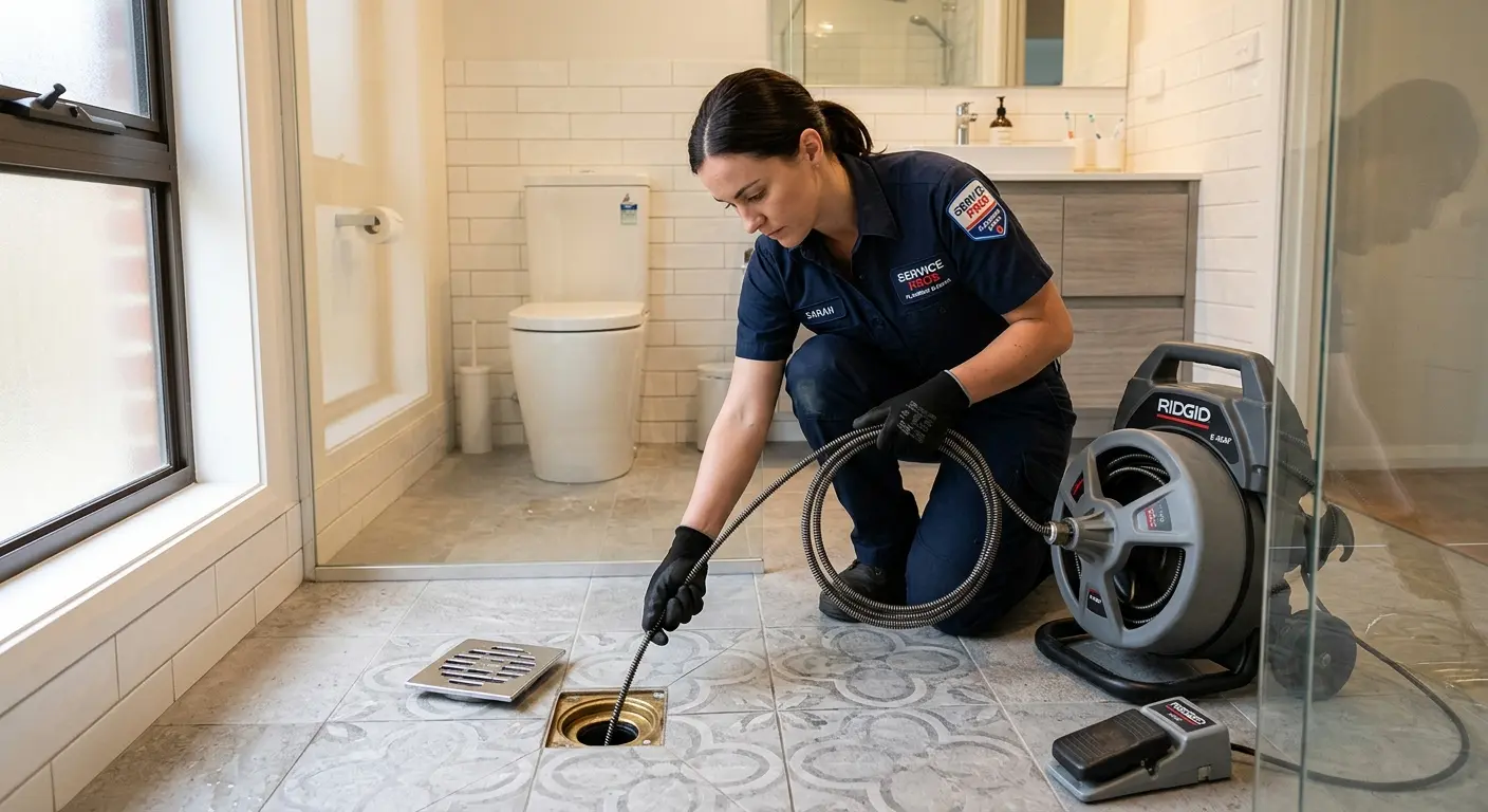 Technician clearing a bathroom floor drain for Drain Repair in Gas City